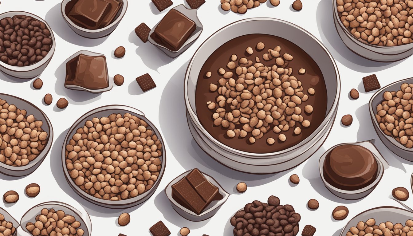 A bowl of Cocoa Krispies and Count Chocula side by side, with a spoon resting on the edge. The cereal is surrounded by scattered cocoa and chocolate pieces