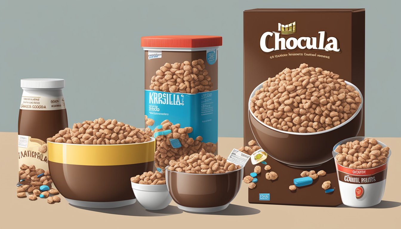 A bowl of Cocoa Krispies and Count Chocula cereal boxes surrounded by nutritional labels and a scale