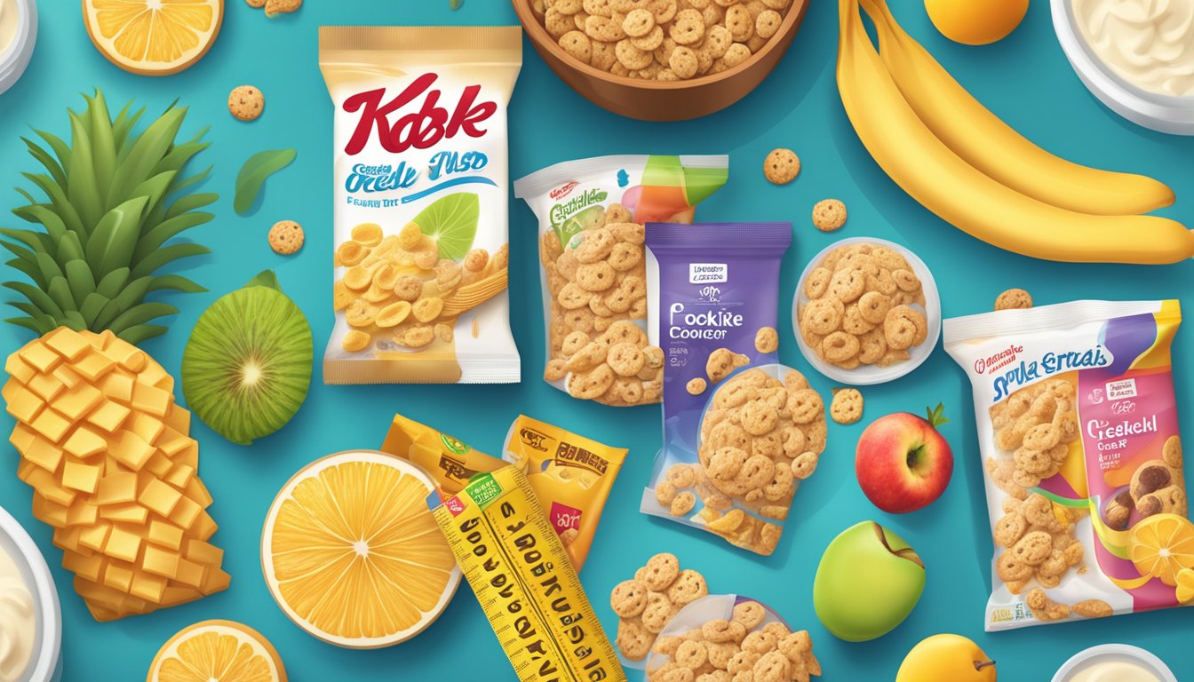 A table with two cereal boxes, one for Cookie Crisp and one for Special K, surrounded by various fruits and a measuring tape