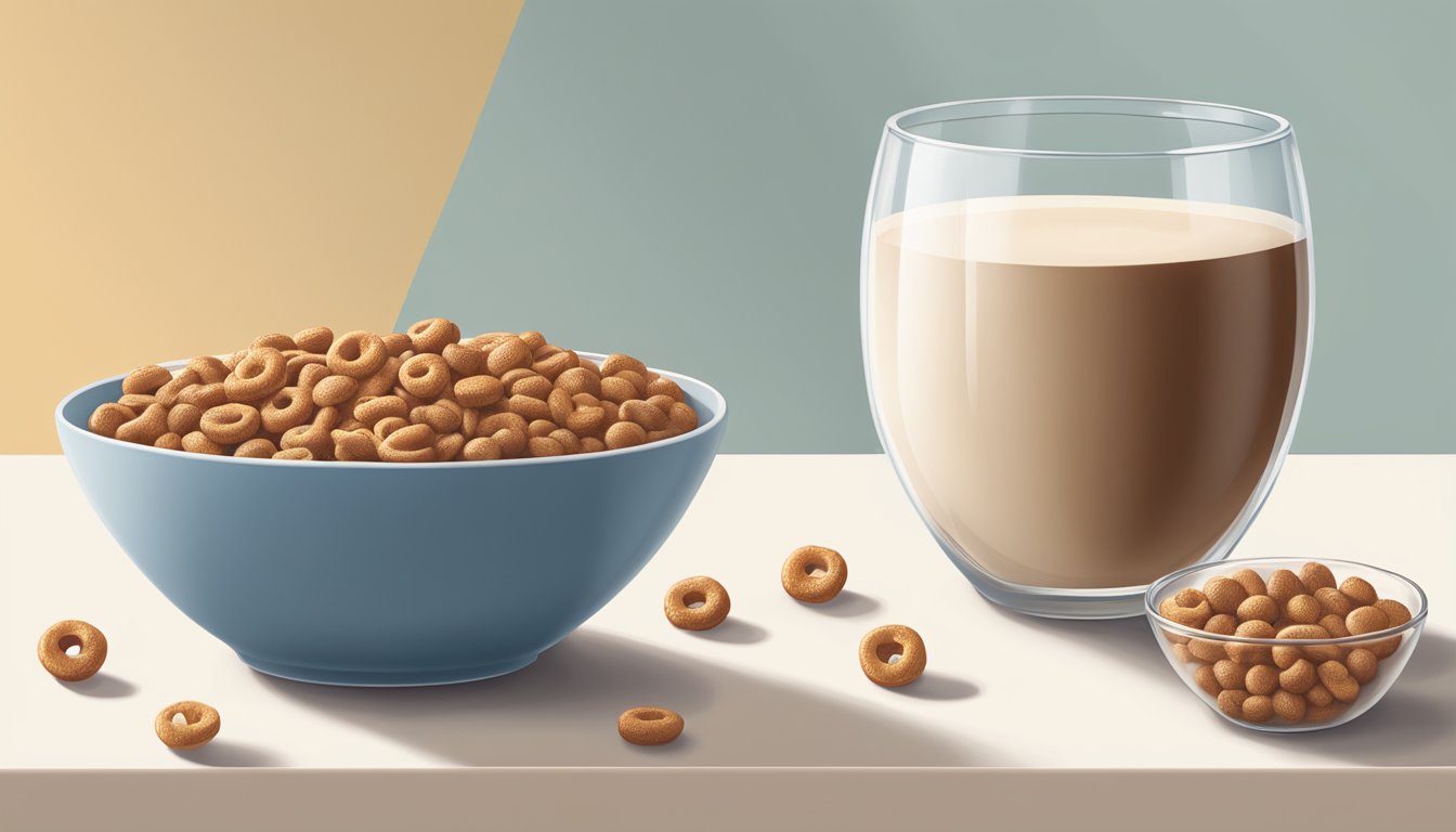 A bowl of Cheerios and a bowl of Cocoa Puffs side by side, with a glass of milk next to them. The Cheerios appear plain and wholesome, while the Cocoa Puffs look sugary and indulgent