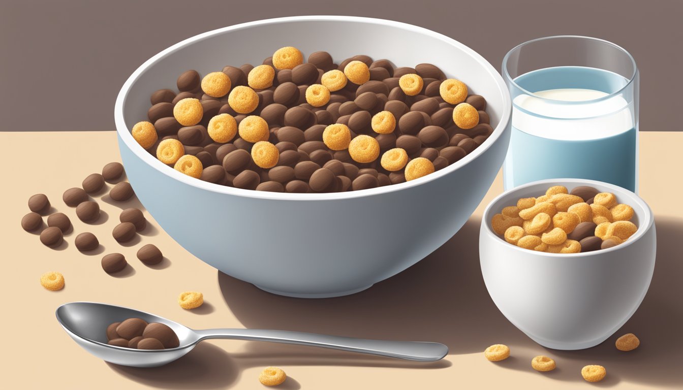 A bowl of Cocoa Puffs and Cheerios side by side, with a glass of milk and a spoon next to them