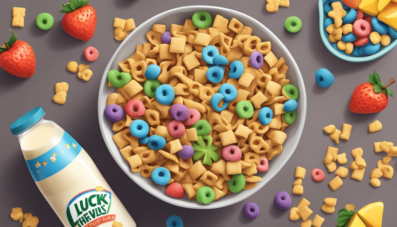 A bowl of Chex and Lucky Charms cereal side by side, surrounded by various fruits and a glass of milk