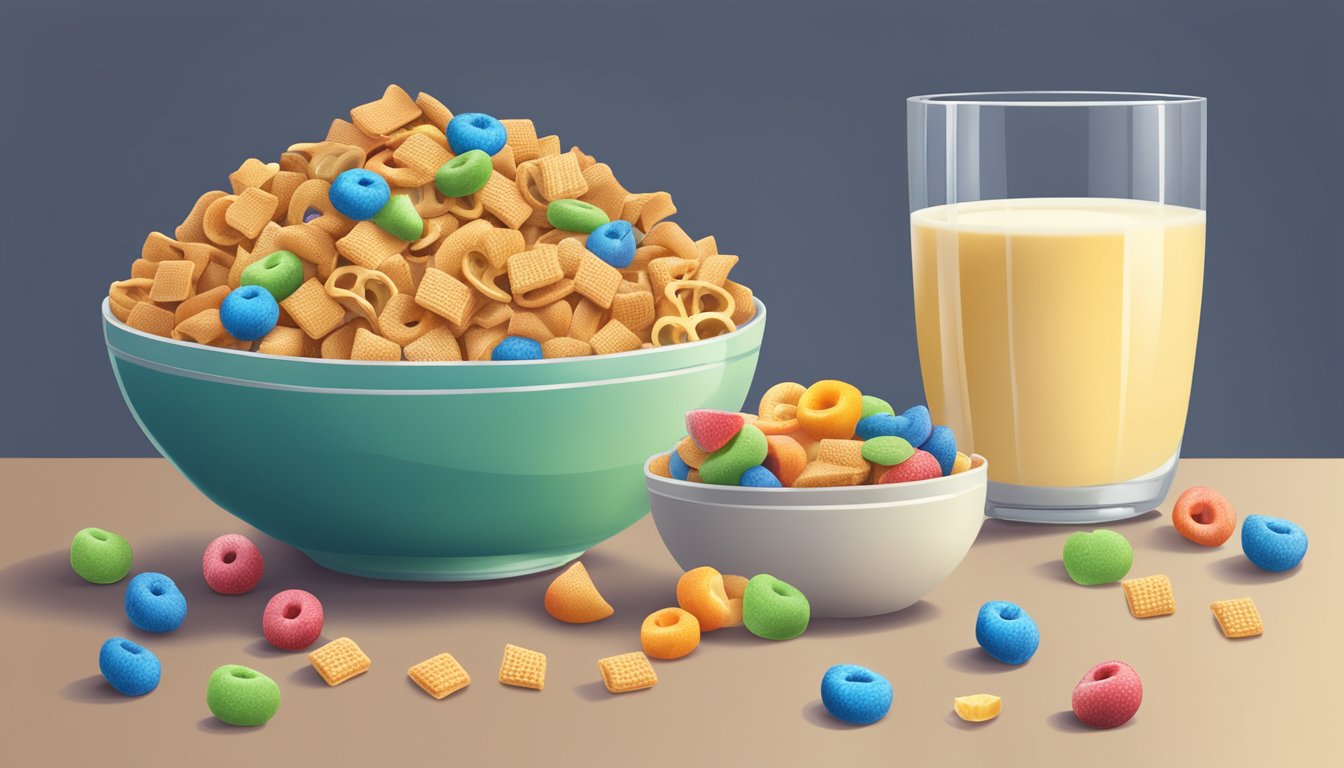 A bowl of Chex cereal next to a bowl of Lucky Charms, surrounded by various fruits and a glass of milk