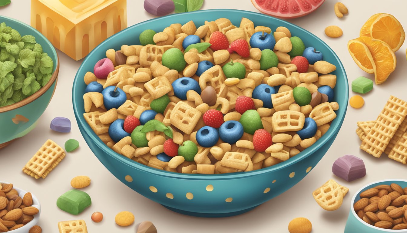 A bowl of Chex and Lucky Charms side by side, surrounded by various food items like fruits, vegetables, and nuts