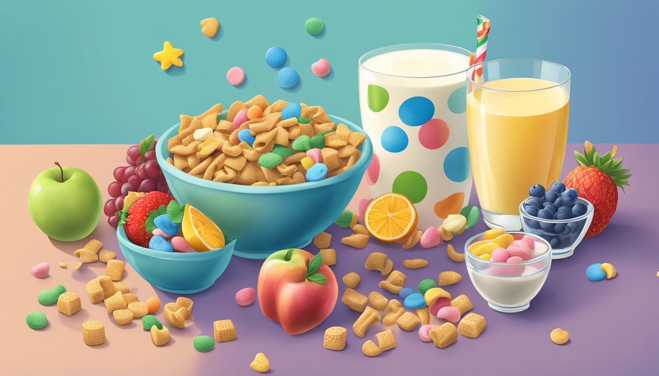 A bowl of Chex and Lucky Charms sit side by side, surrounded by a variety of fresh fruits and a glass of milk