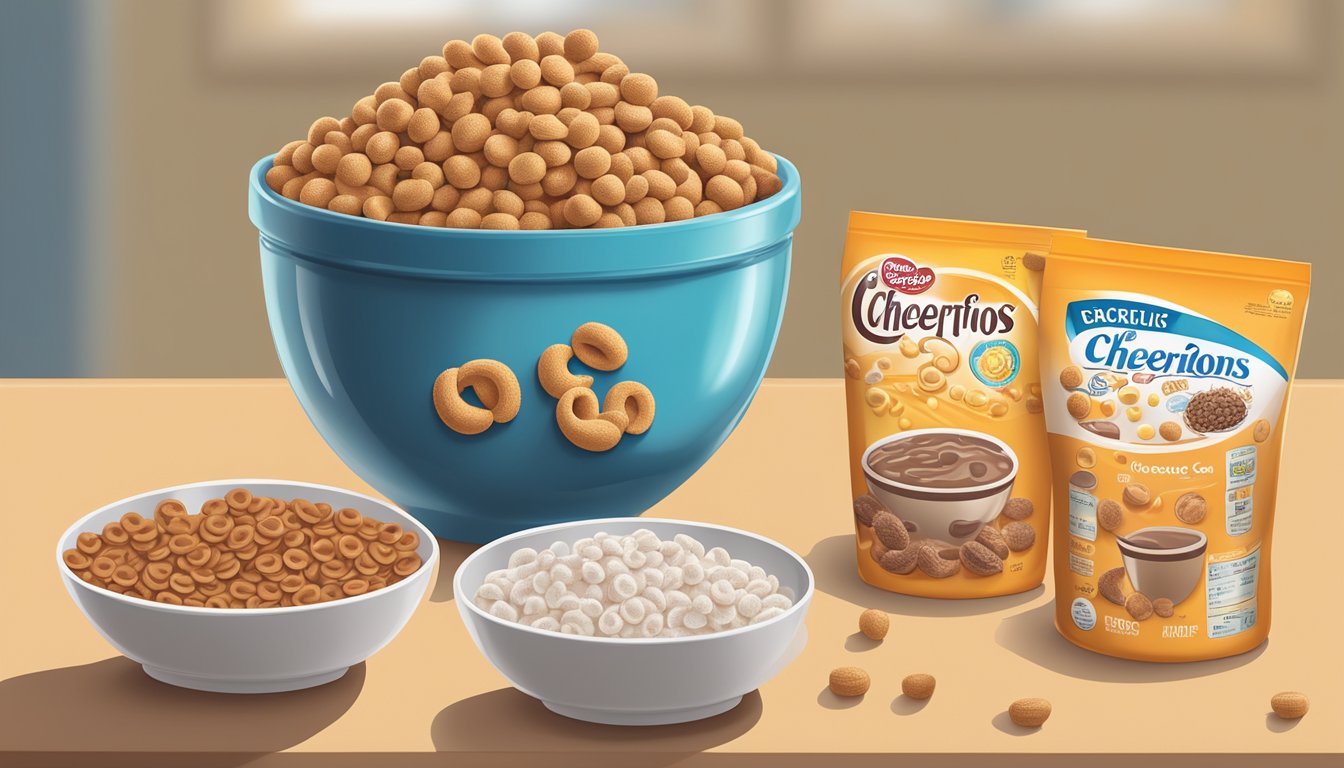 A bowl of Cheerios and a bowl of Cocoa Puffs sit side by side on a table, surrounded by measuring cups and nutrition labels