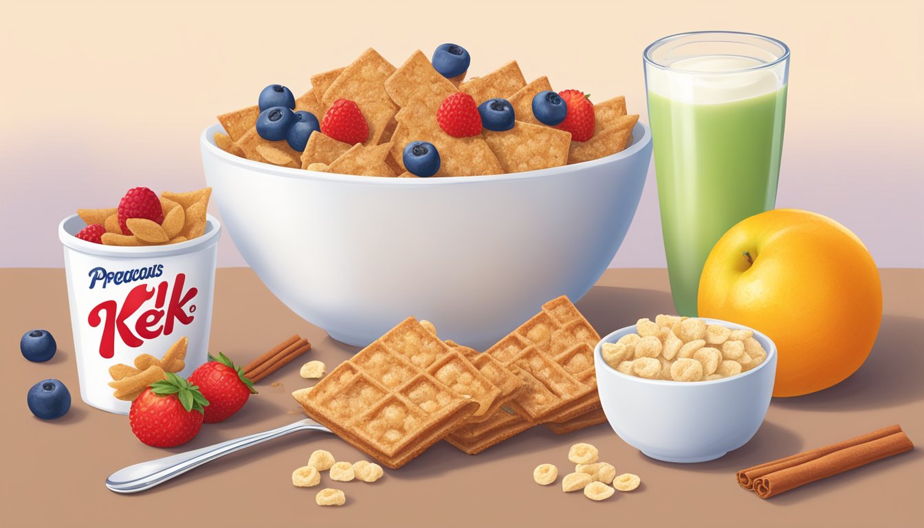 A bowl of cinnamon toast crunch and special K side by side, surrounded by various fruits and a glass of milk