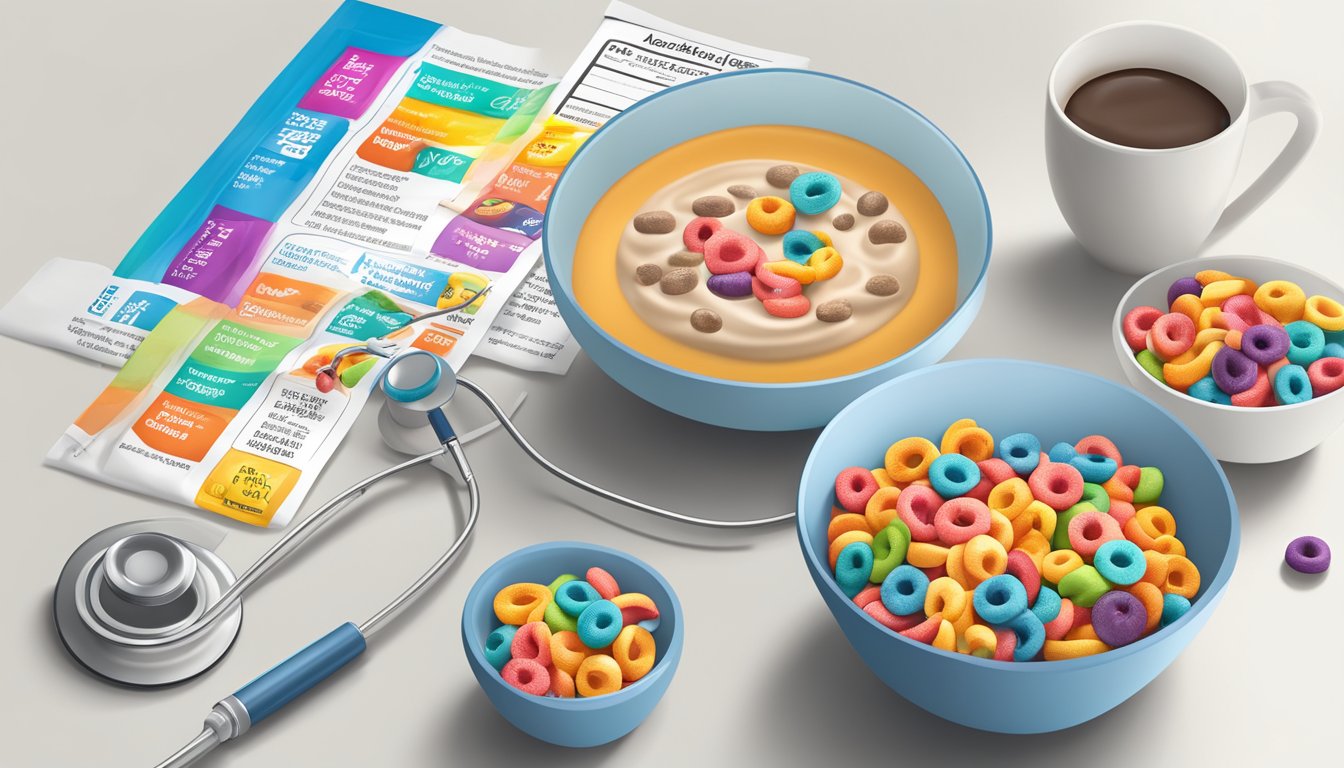 A table with bowls of Count Chocula and Kellogg's Froot Loops, surrounded by nutrition labels and a doctor's stethoscope