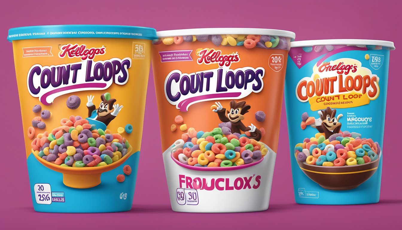 A bowl of Count Chocula and Kellogg's Froot Loops with serving size measurements and nutritional information displayed next to each other