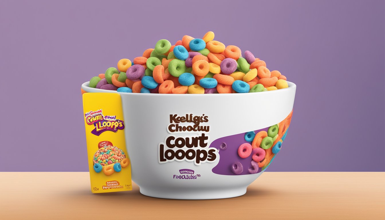 A bowl of Count Chocula and Kellogg's Froot Loops side by side, with a nutrition label next to each, highlighting their respective health benefits