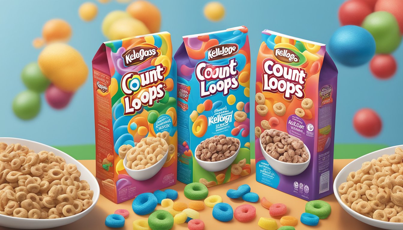 A comparison of Count Chocula and Kellogg's Froot Loops cereal boxes with nutritional information and marketing slogans displayed