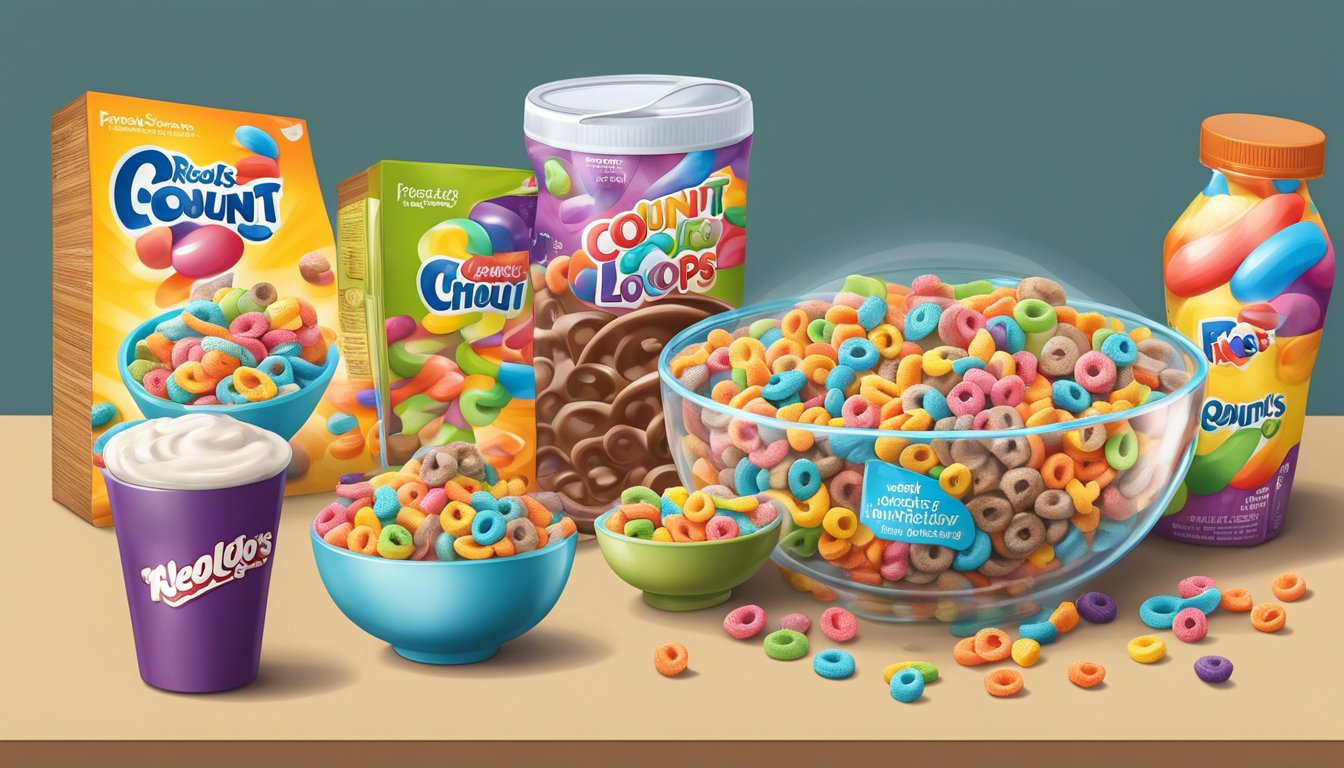 A table with bowls of Count Chocula and Kellogg's Froot Loops, surrounded by nutritional labels and a magnifying glass for comparison