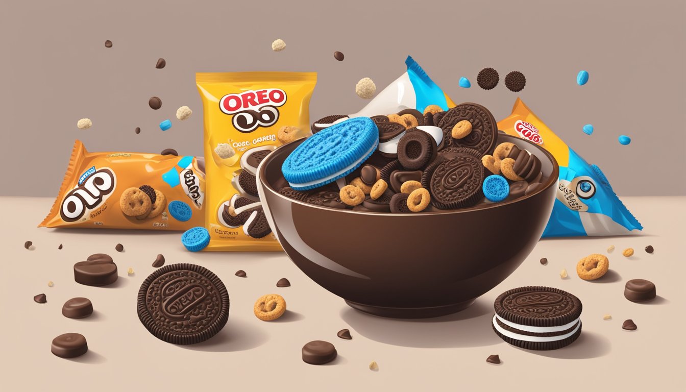 A bowl of Count Chocula and Oreo O's sit side by side, surrounded by a scattering of chocolate and cookie pieces