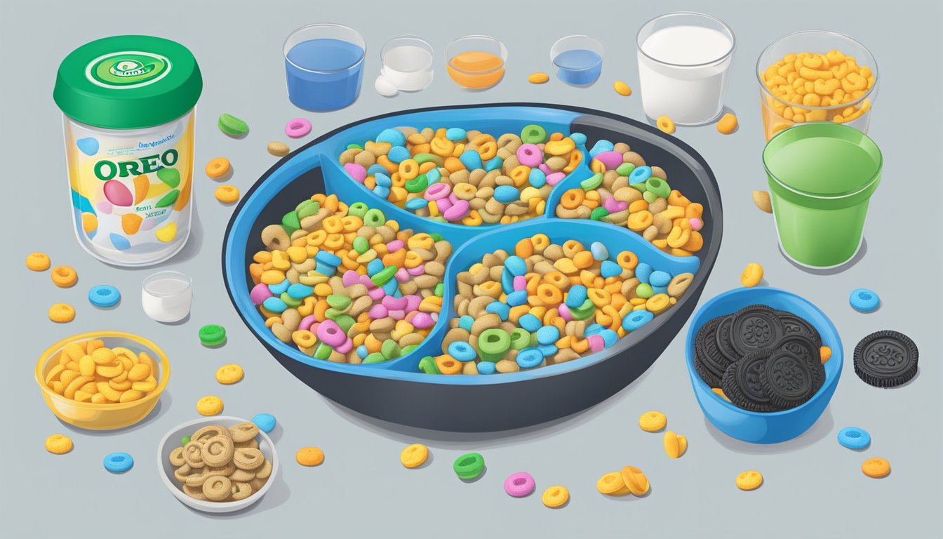 A bowl of Lucky Charms and Oreo O's side by side, surrounded by measuring cups and nutrition labels