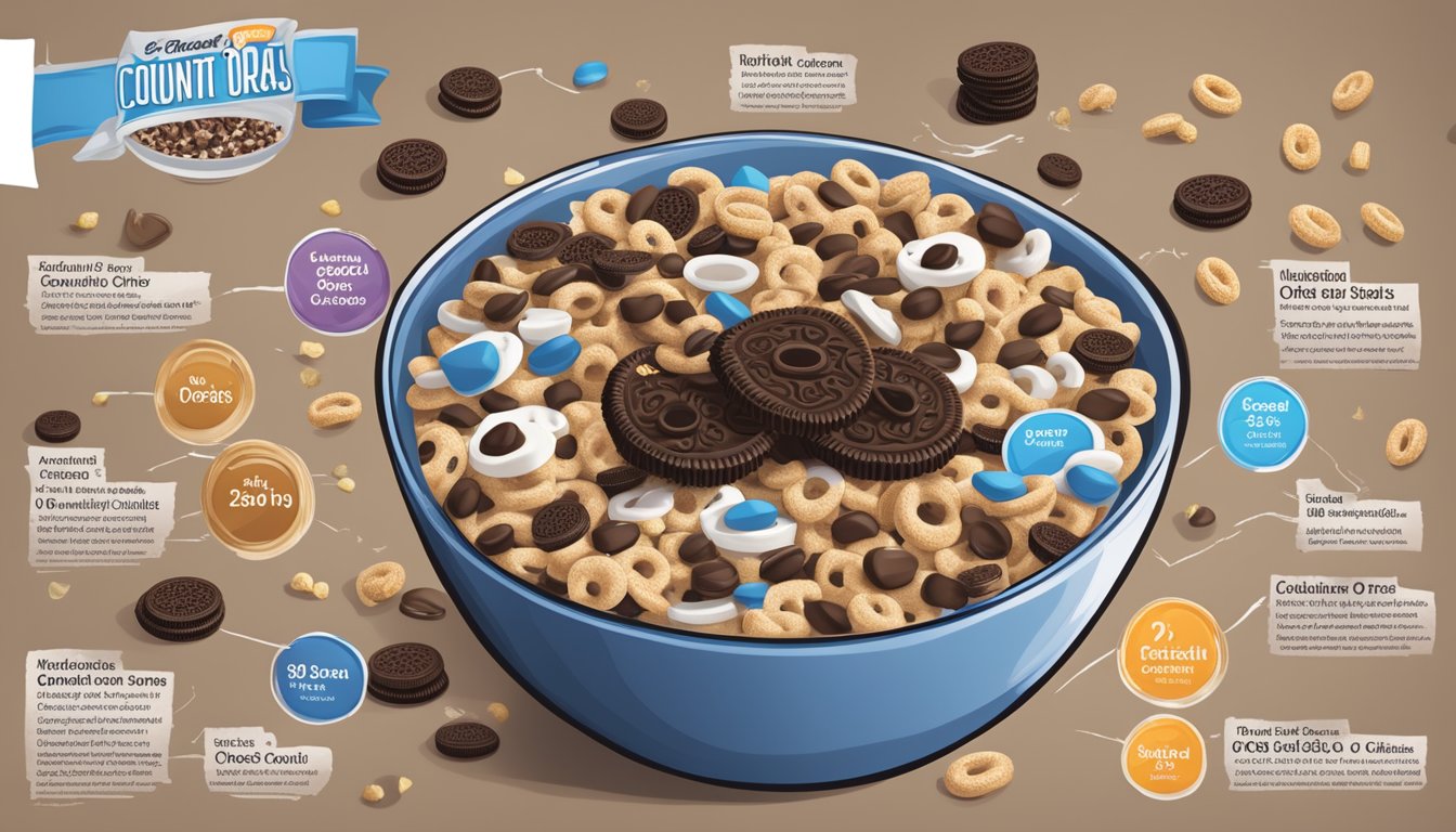 A bowl of Count Chocula cereal and a bowl of Oreo O's cereal side by side, surrounded by various ingredients and nutritional information labels