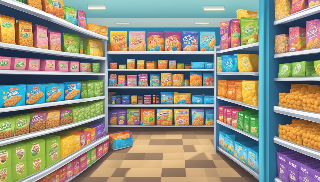 A colorful cereal aisle with Lucky Charms and Oreo O's boxes side by side, surrounded by health-focused products