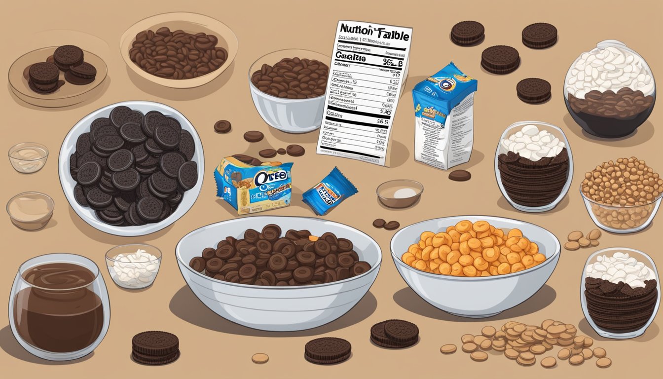 A table with bowls of Count Chocula and Oreo O's surrounded by nutrition labels and ingredients lists