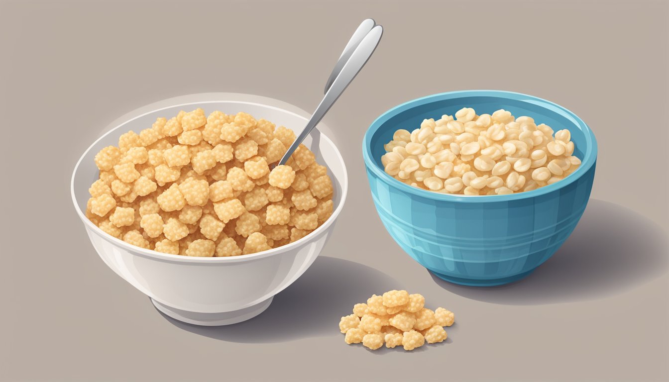 A bowl of Rice Krispies next to a bowl of Waffle Crisp, surrounded by measuring cups and nutrition labels