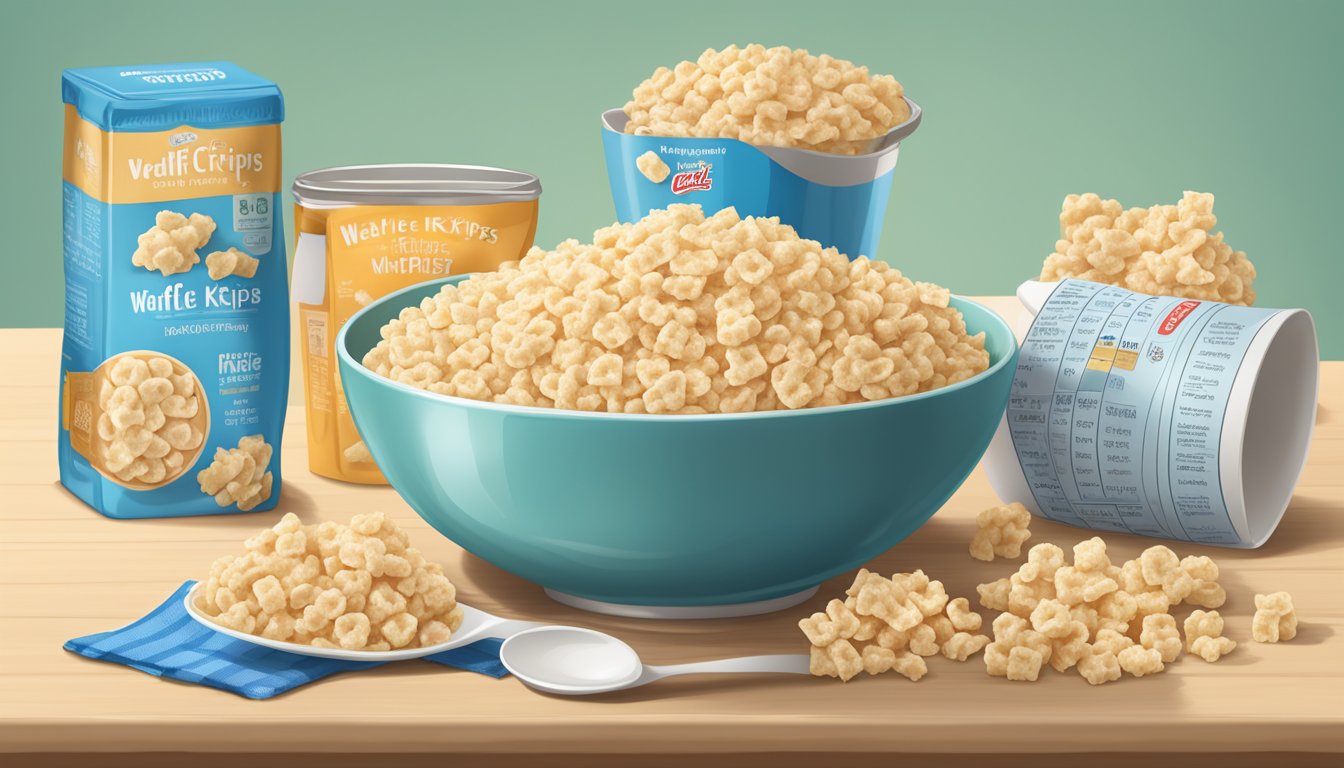 A bowl of rice krispies next to a bowl of waffle crisp, surrounded by measuring cups and nutrition labels