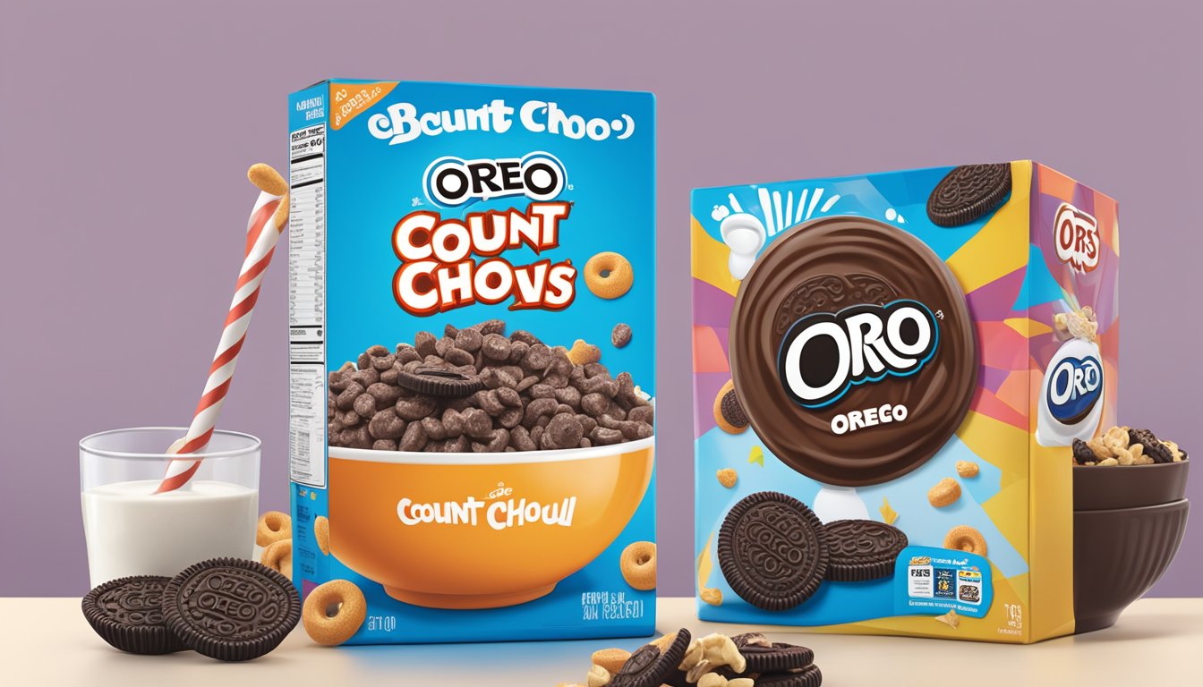 A bowl of Count Chocula cereal next to a bowl of Oreo O's cereal, with a nutritional information label for each box displayed next to them