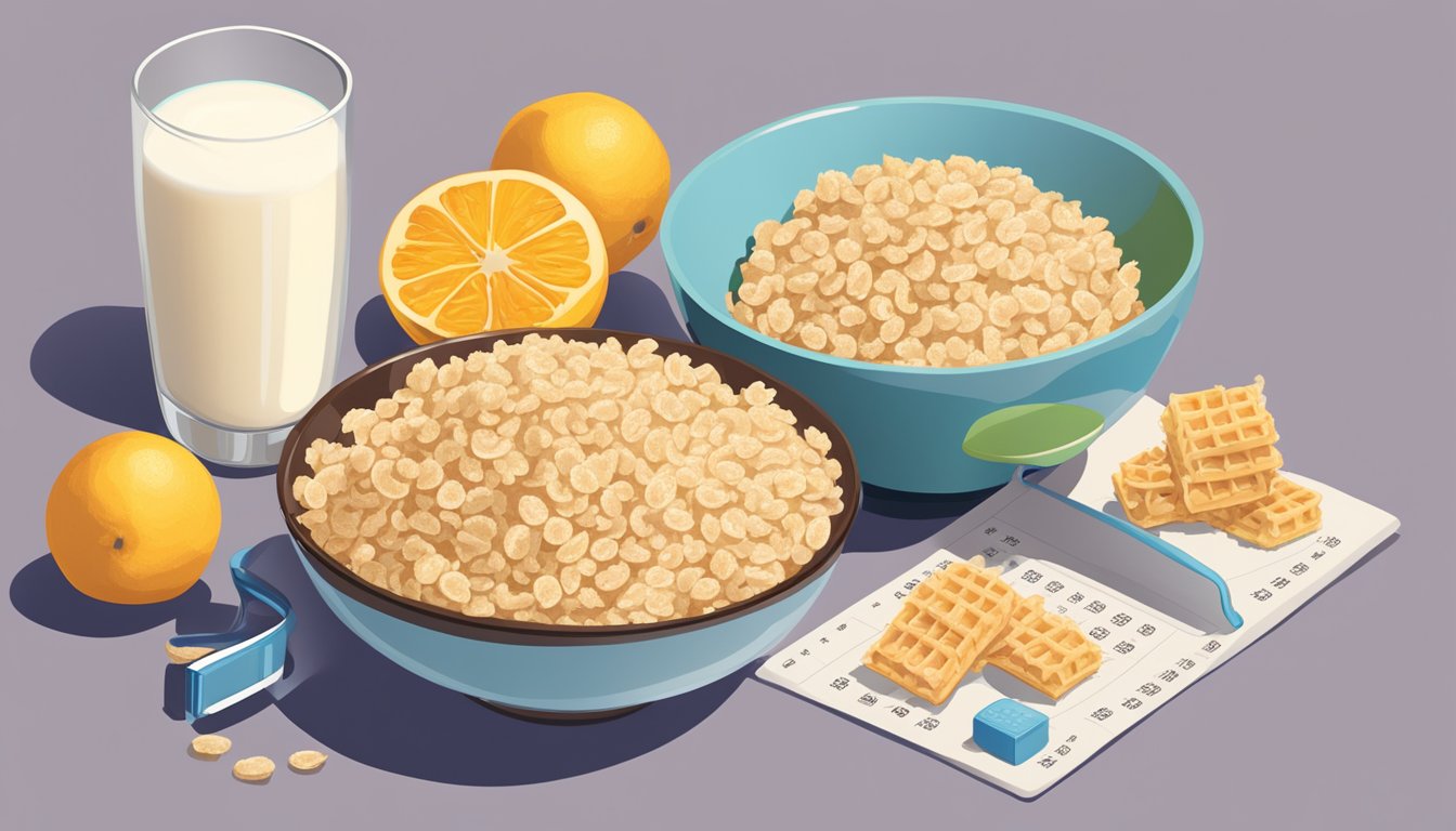 A bowl of Rice Krispies and Waffle Crisp surrounded by fresh fruit and a glass of milk, with a tape measure and nutrition labels nearby