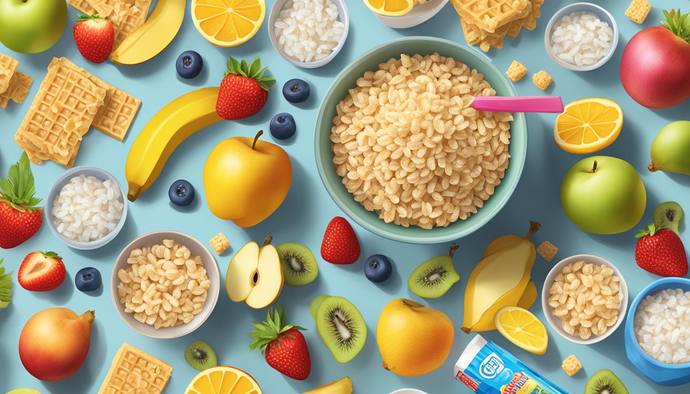 A bowl of Rice Krispies and Waffle Crisp cereal boxes surrounded by a variety of fruits and a measuring tape