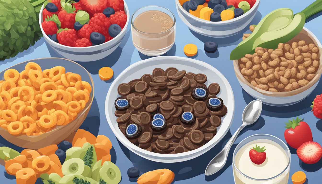 A bowl of Count Chocula cereal next to a bowl of Oreo O's, with a glass of milk and a spoon, surrounded by various fruits and vegetables