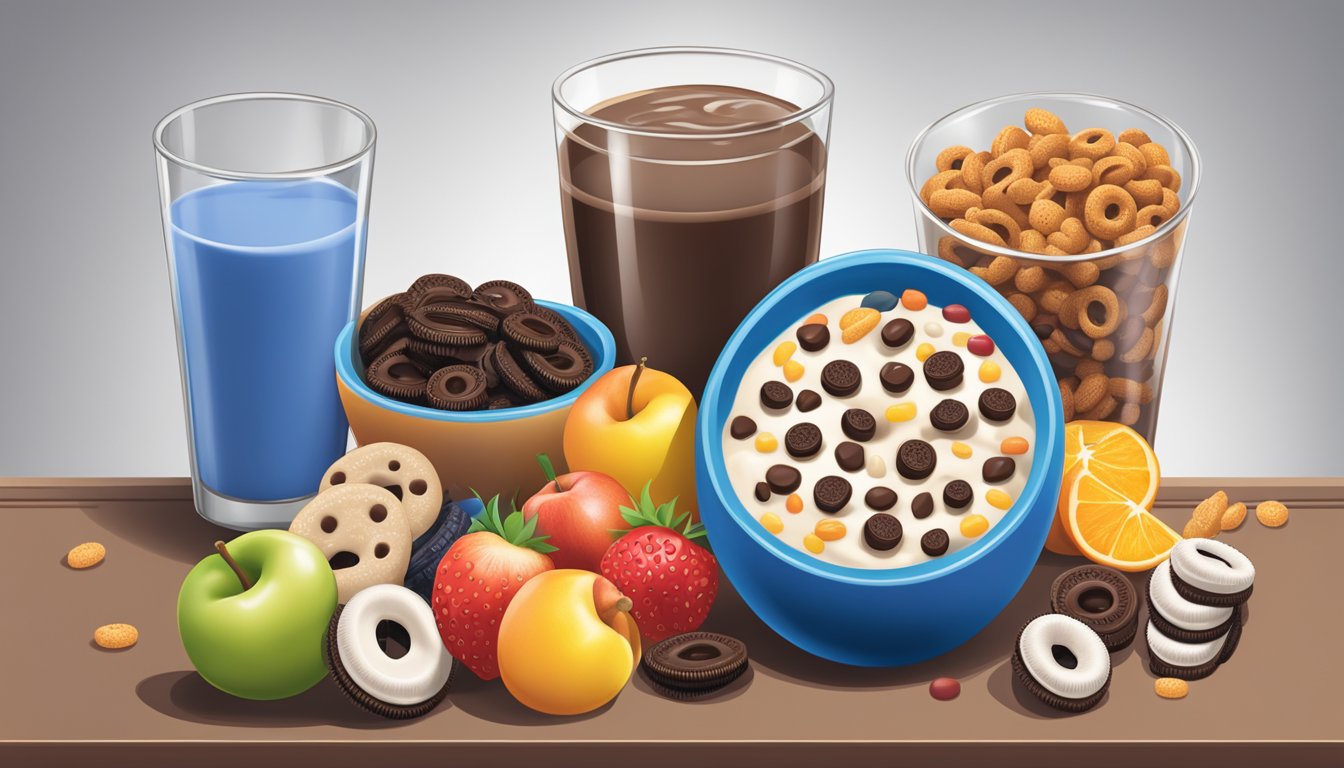 A bowl of Count Chocula cereal next to a bowl of Oreo O's, surrounded by various fruits and a glass of milk