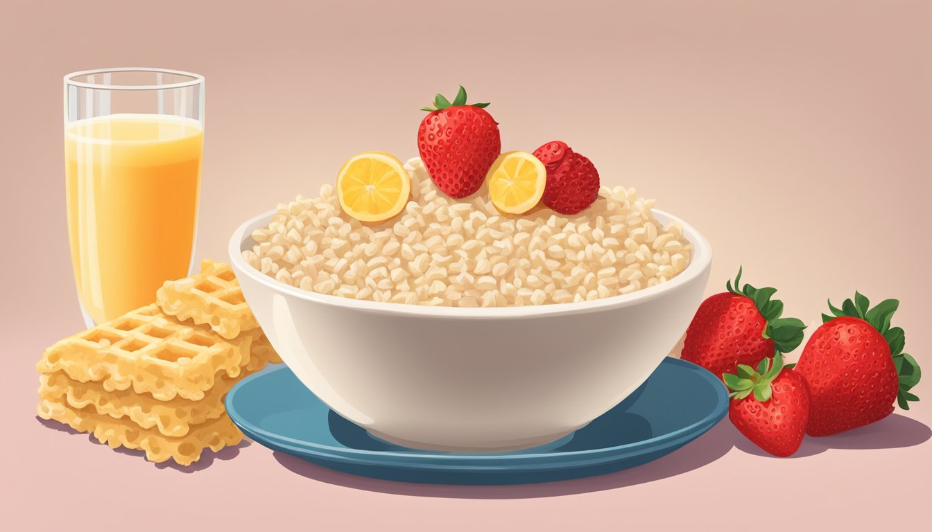 A bowl of rice krispies surrounded by fresh strawberries and a glass of orange juice, contrasting with a plate of waffle crisp topped with sliced bananas and a pitcher of milk