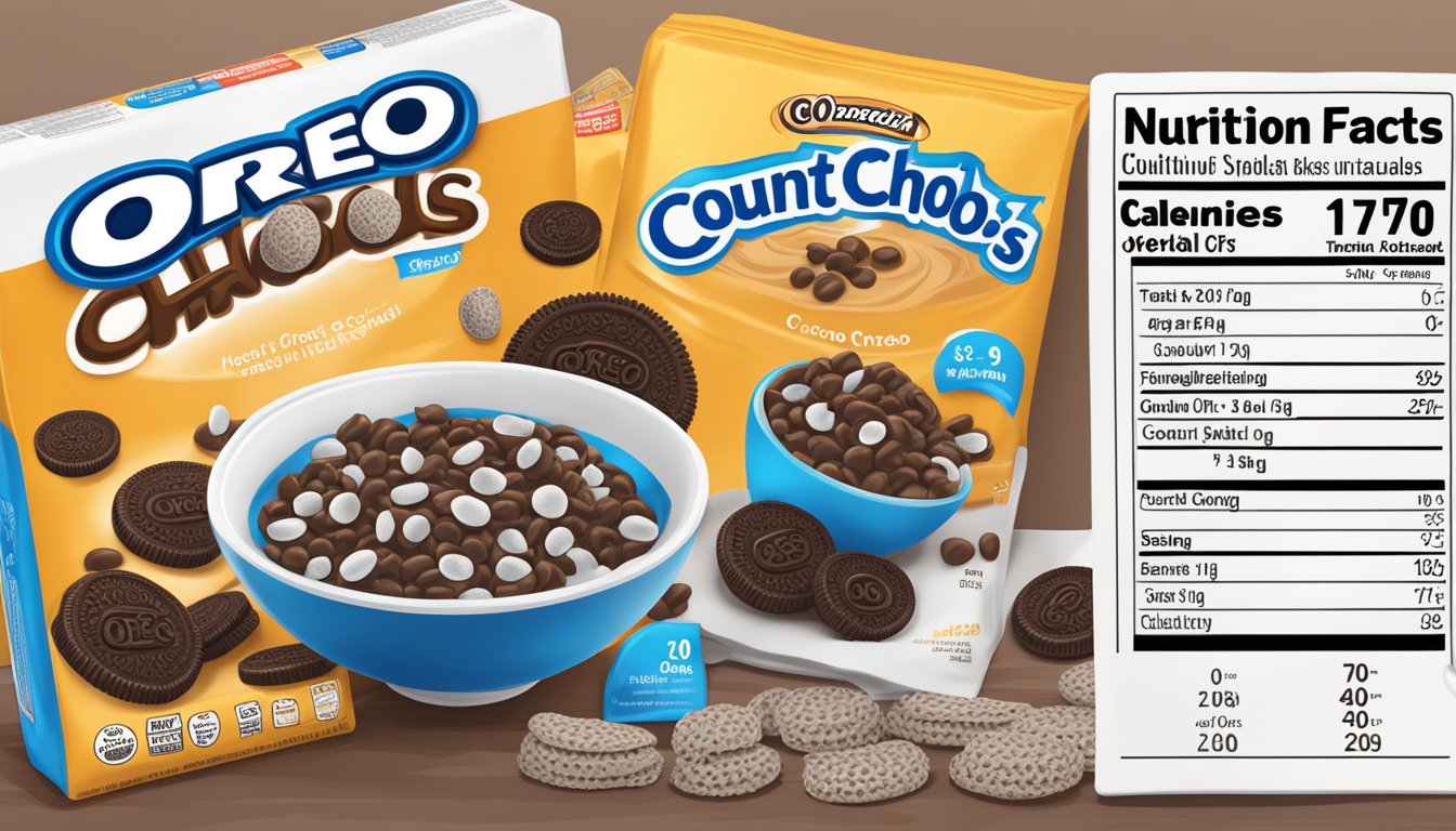 A bowl of Count Chocula cereal and a bowl of Oreo O's cereal side by side, with a nutrition label and a scale nearby