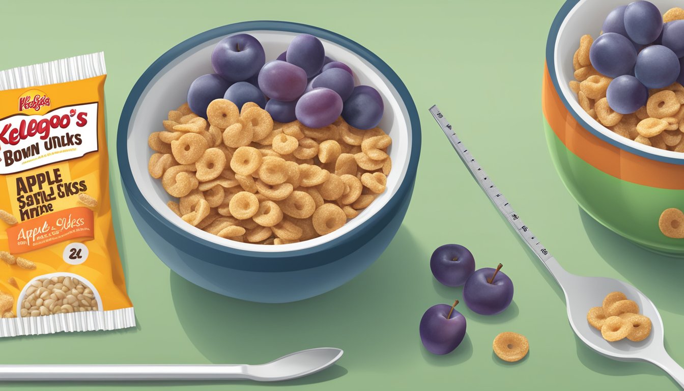 A bowl of Kellogg's Apple Jacks and a bowl of Post Grape-Nuts Flakes side by side, with a measuring tape and nutrition labels next to each