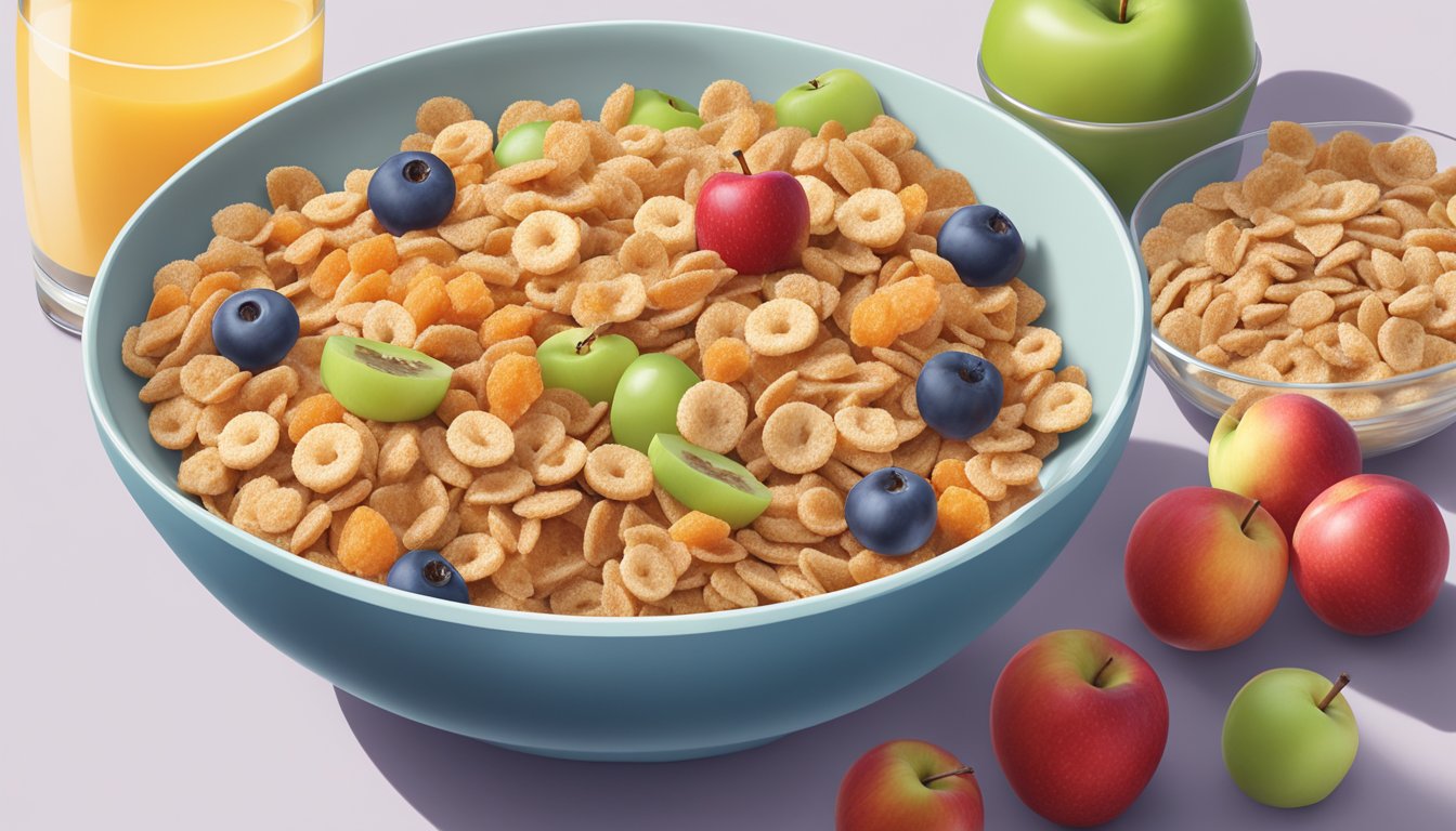 A bowl of Kellogg's Apple Jacks and a bowl of Post Grape-Nuts Flakes side by side, surrounded by fresh fruit and a glass of milk