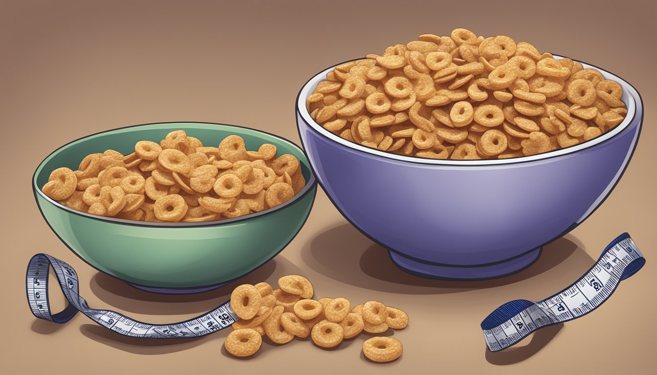 A bowl of Kellogg's Apple Jacks and a bowl of Post Grape-Nuts Flakes side by side, with a tape measure and a nutrition label in the background