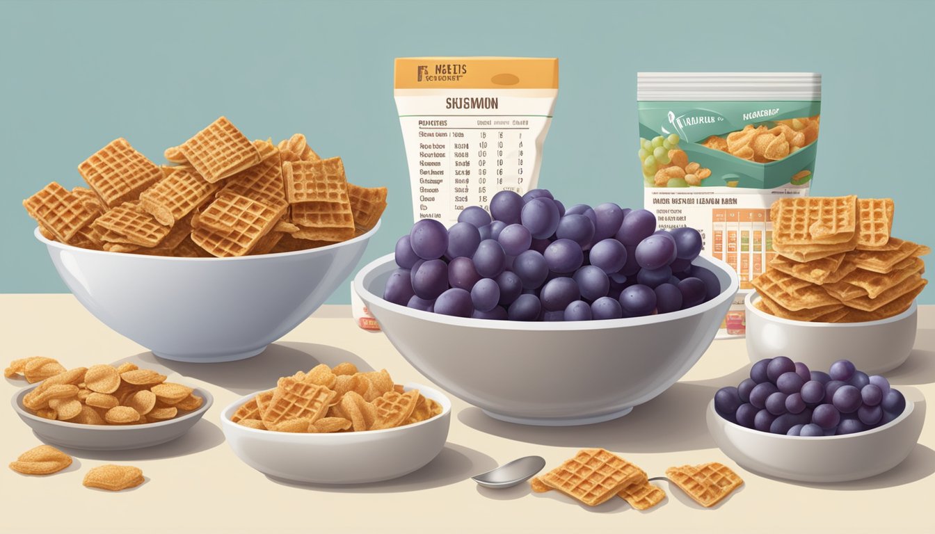 A table with bowls of grape nuts and waffle crisp, surrounded by nutritional labels and a measuring scale