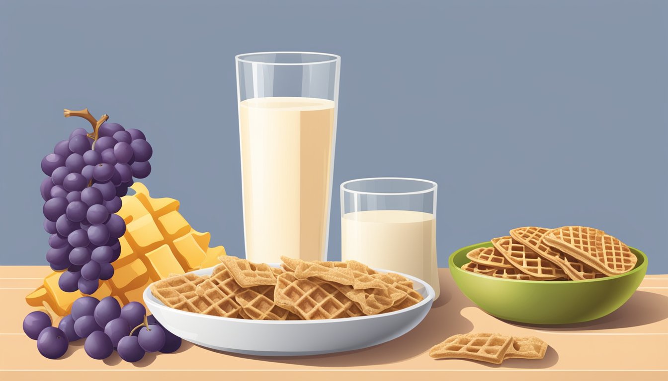 A bowl of grape nut flakes next to a bowl of waffle crisp, surrounded by fresh fruit and a glass of milk