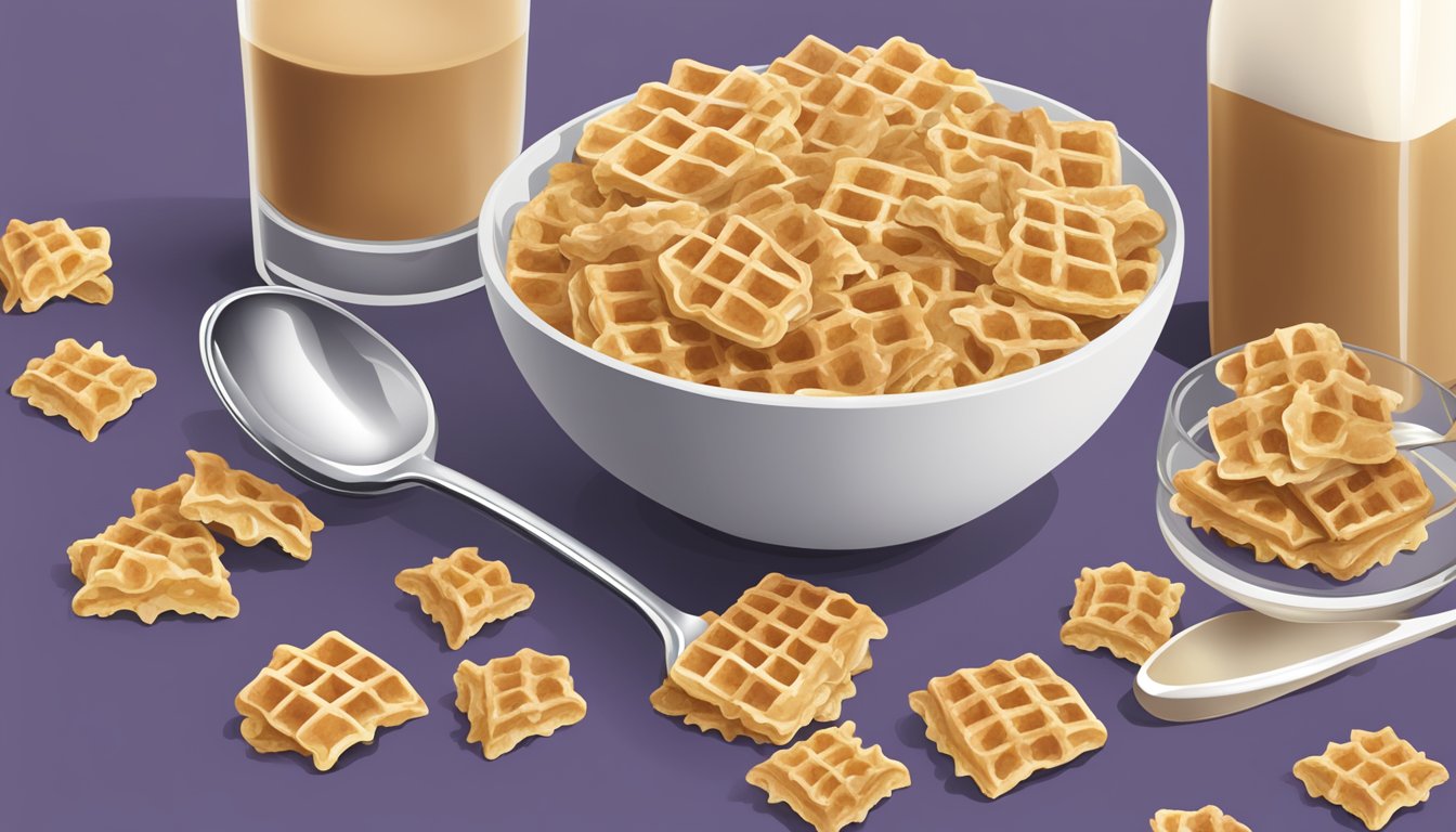 A bowl of grape nut flakes and waffle crisp cereal side by side, with a glass of milk and a spoon, surrounded by scattered grapes and waffles