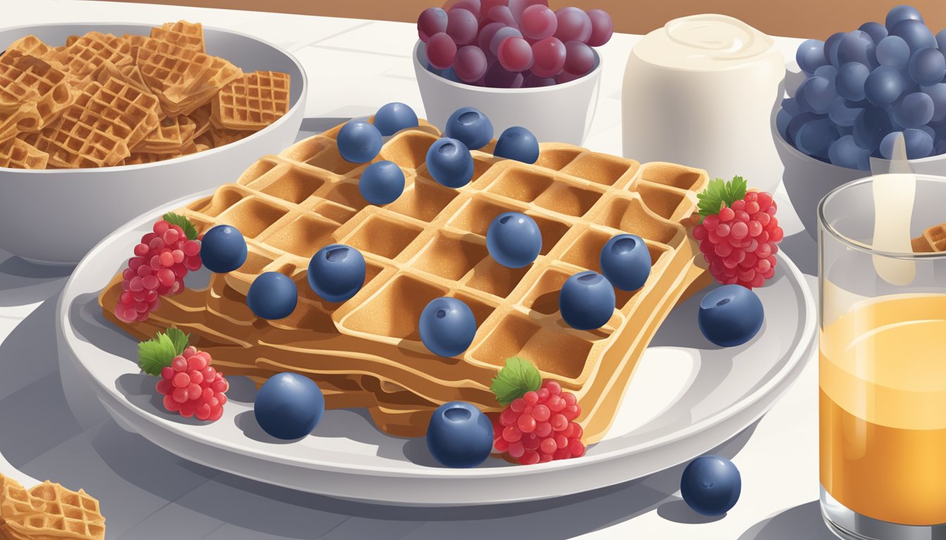 A bowl of grape-nut flakes and waffle crisp sit side by side on a table, surrounded by fresh fruit and a glass of milk