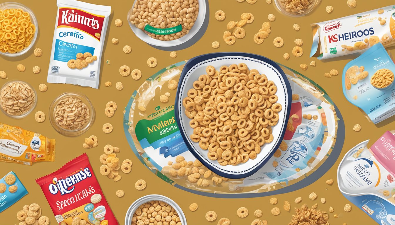 A bowl of Cheerios and Special K surrounded by various labels and certifications