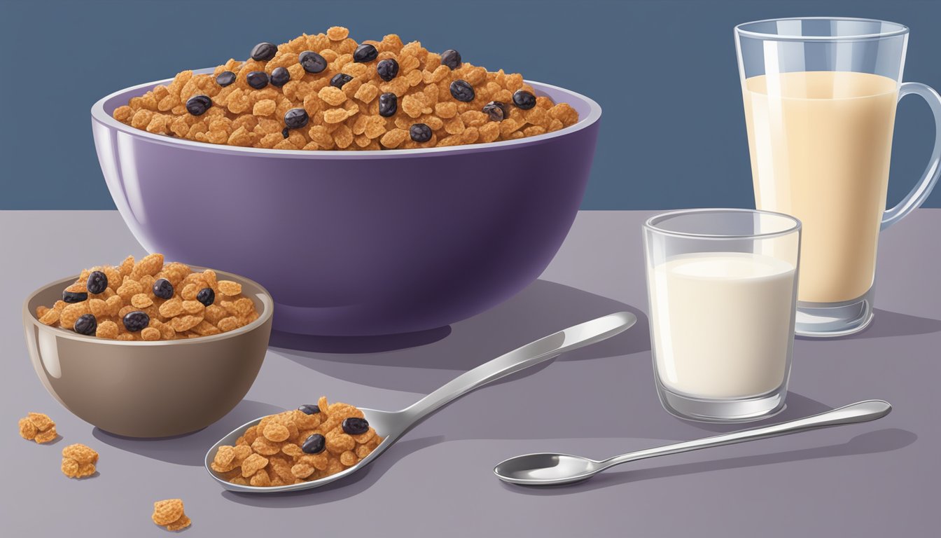 A bowl of grape nuts flakes and a bowl of raisin bran cereal side by side, with a spoon and a glass of milk next to them