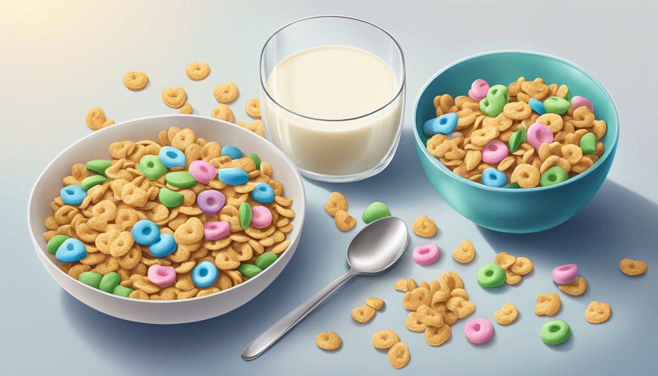 A bowl of Lucky Charms and a bowl of Special K sit side by side on a breakfast table, surrounded by a glass of milk and a spoon