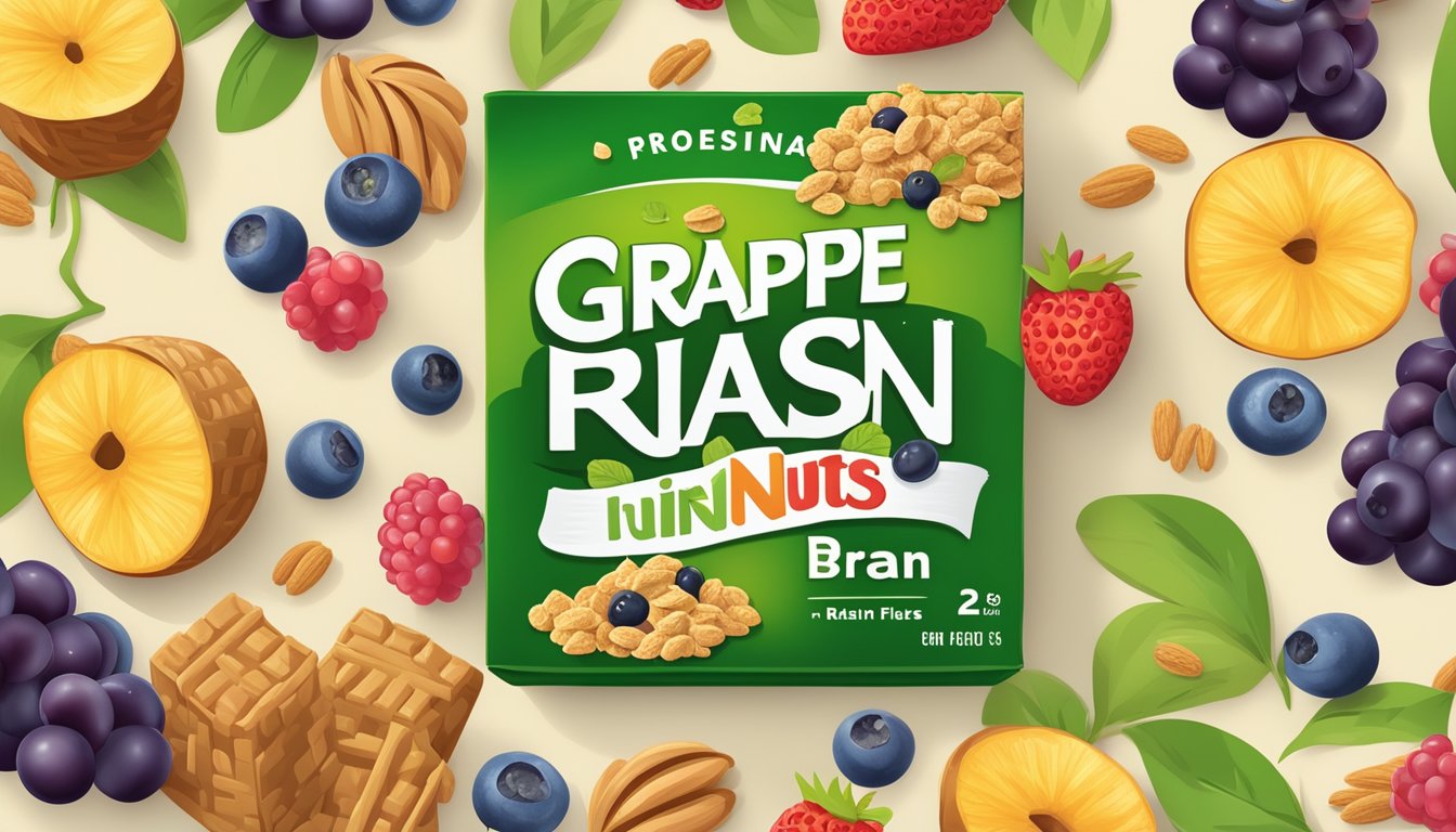 A lush green field with two cereal boxes, one labeled "Grape Nuts Flakes" and the other "Raisin Bran," surrounded by vibrant fruits and grains