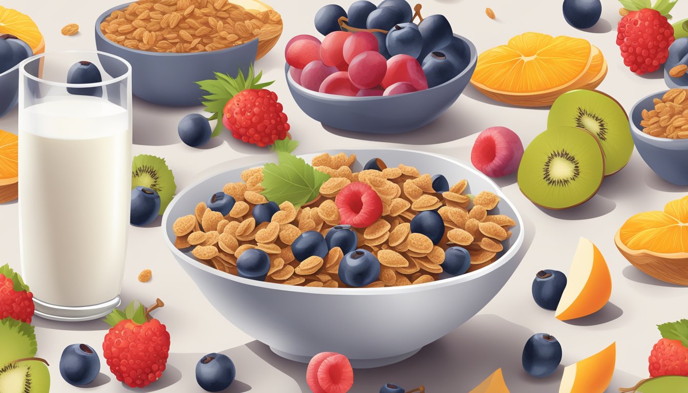 A bowl of Post Grape Nuts Flakes and a bowl of Post Raisin Bran cereal side by side, surrounded by a variety of fresh fruits and a glass of milk