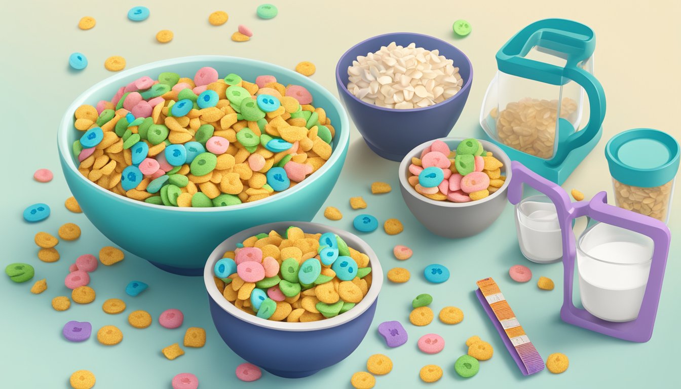 A bowl of Lucky Charms and Special K surrounded by measuring cups, a nutrition label, and a scale