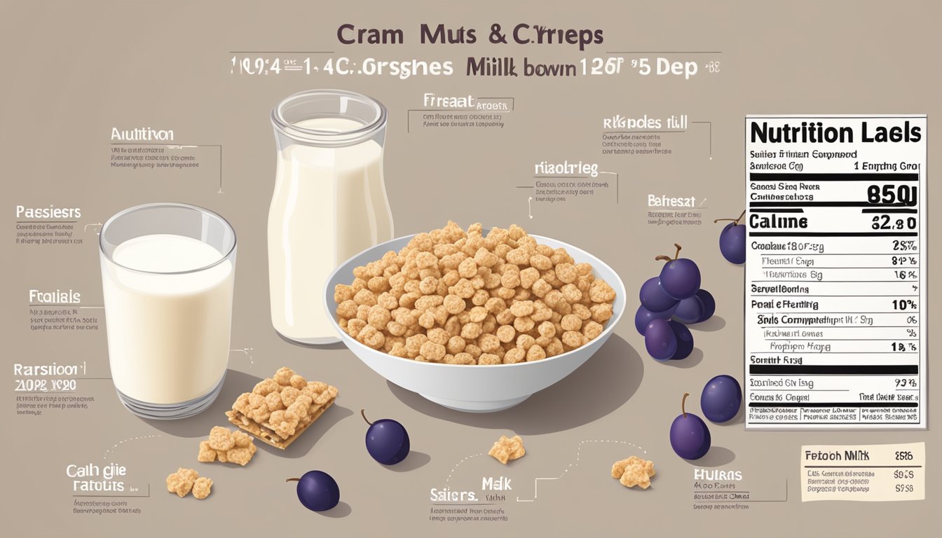 A bowl of grape nuts flakes and a bowl of rice krispies surrounded by various fruits and a glass of milk, with a nutrition label comparison chart in the background