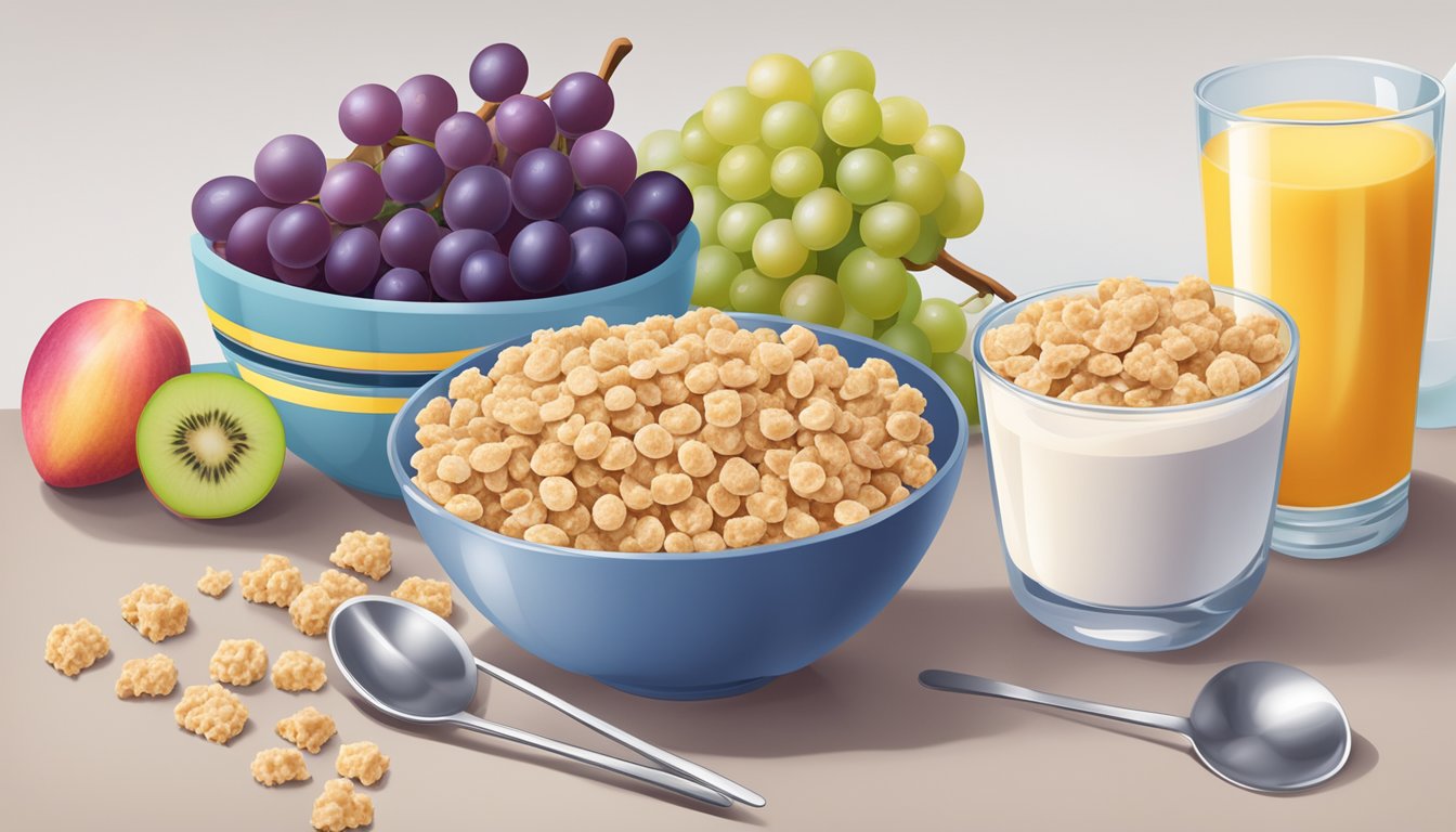 A bowl of grape nuts flakes and rice krispies with measuring cups and spoons nearby, surrounded by fresh fruits and a glass of milk