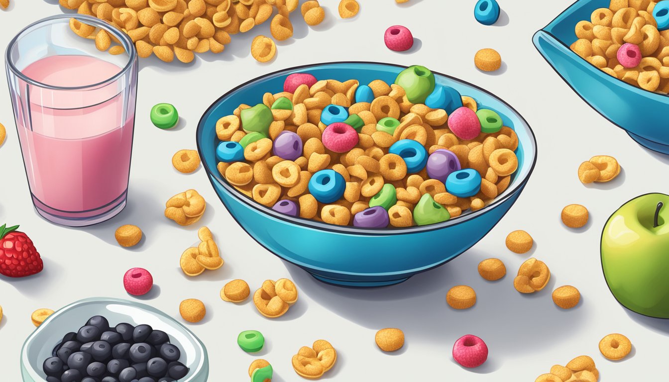 A bowl of Krave cereal next to a bowl of Lucky Charms, surrounded by various fruits and a glass of milk