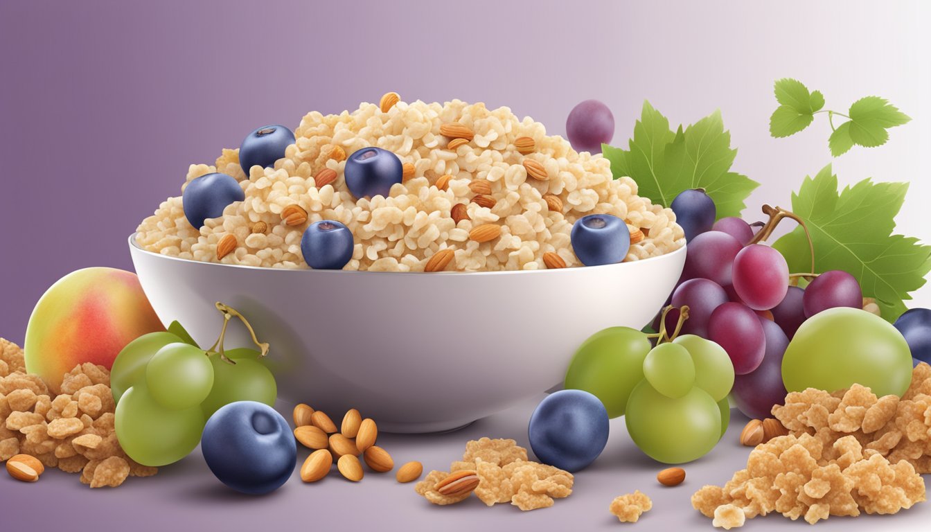 A bowl of grape nuts flakes and rice krispies with various healthy ingredients like fruits and nuts scattered around