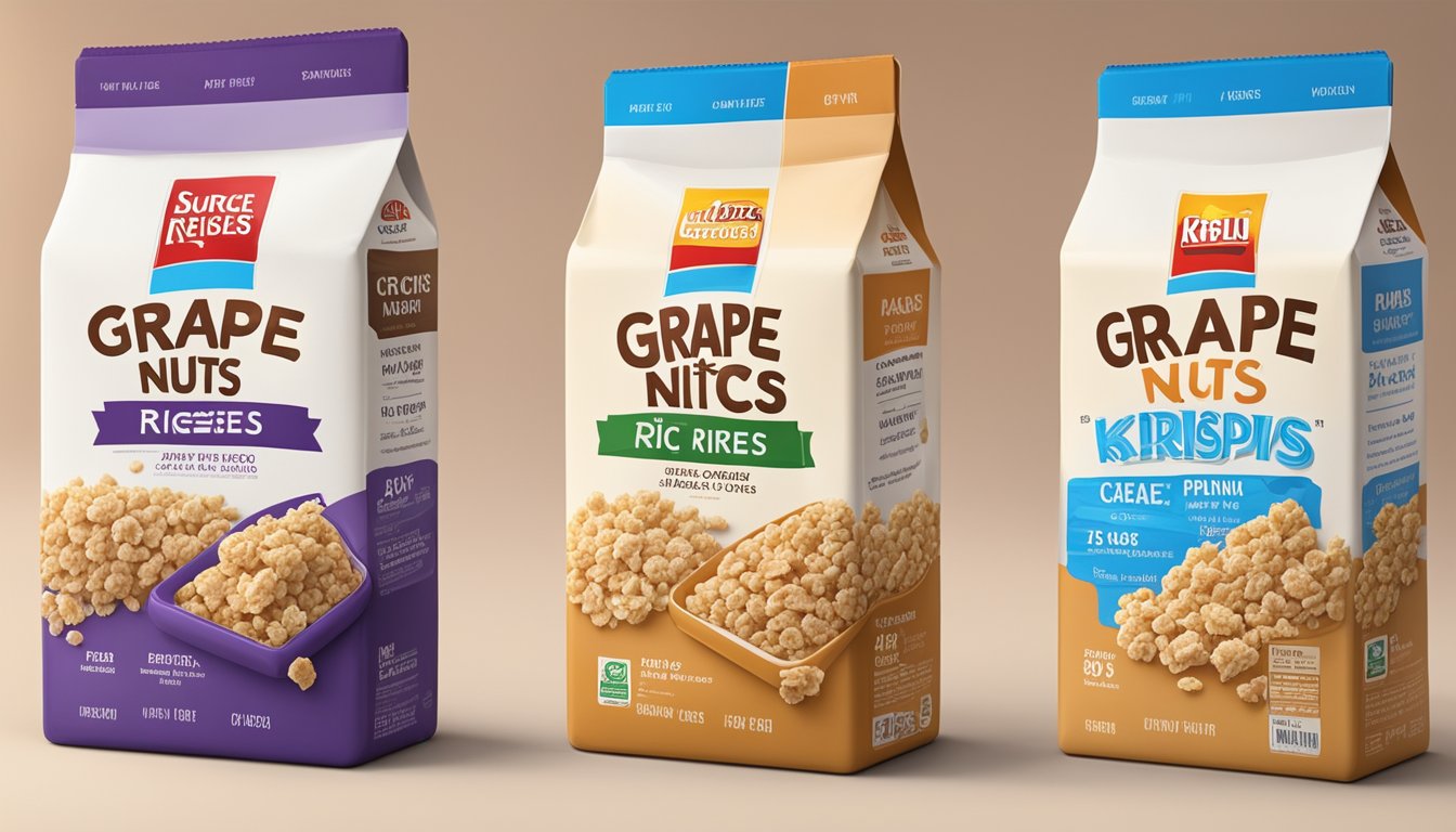 A comparison of Grape Nuts Flakes and Rice Krispies with nutritional labels and ratings displayed side by side