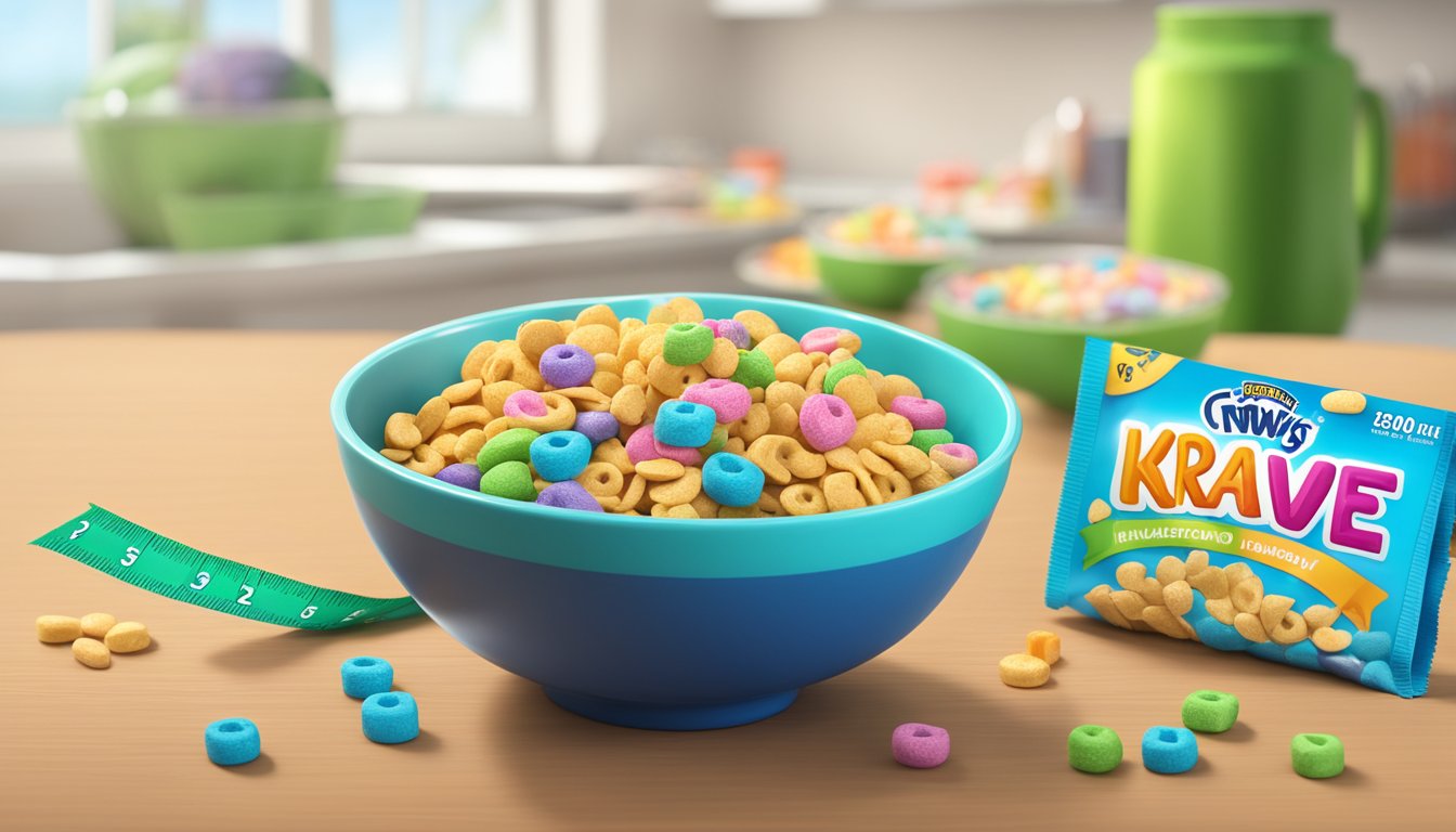 A bowl of Krave cereal next to a bowl of Lucky Charms with a measuring tape and a nutrition label in the background