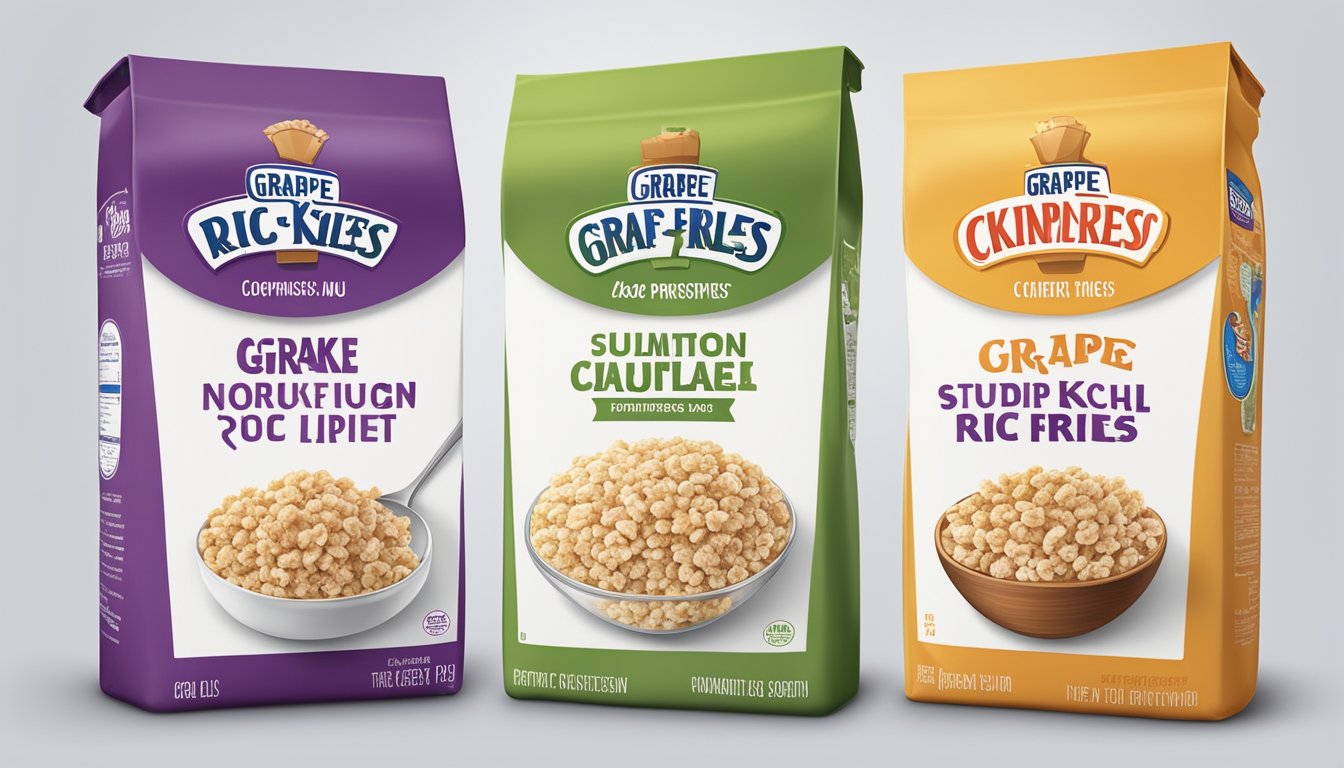 A comparison of grape nuts flakes and rice krispies with sugar and sodium content labels displayed prominently